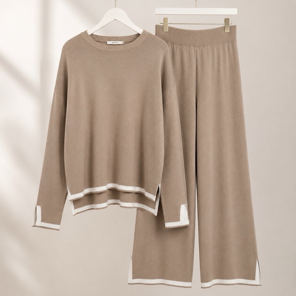 Women Knit 2 Piece Outfit Sz S Beige Wide Leg Pants Lounge Set Chic Quiet Lux